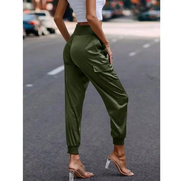 Luxe Look Satin Pocketed High Waist Joggers - Army Green - Picture 6 of 6